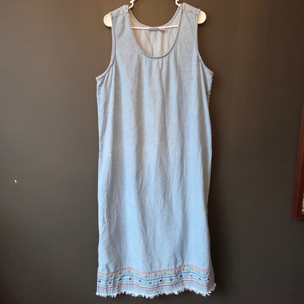 VTG Carolina Blues Womens Plus 18W Denim Embroidered Garden Midi Dress Teacher‎